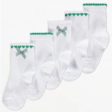 GX494: Girls White and Green 5 Pack Ankle Socks